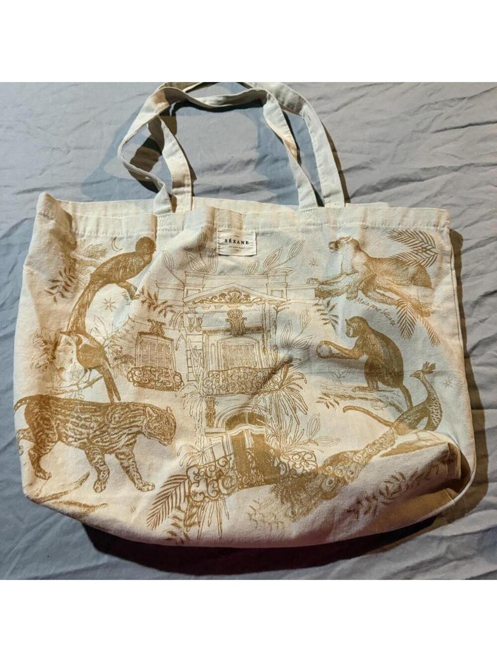 Sézane Beige Canvas Tote Bag with Animal Print